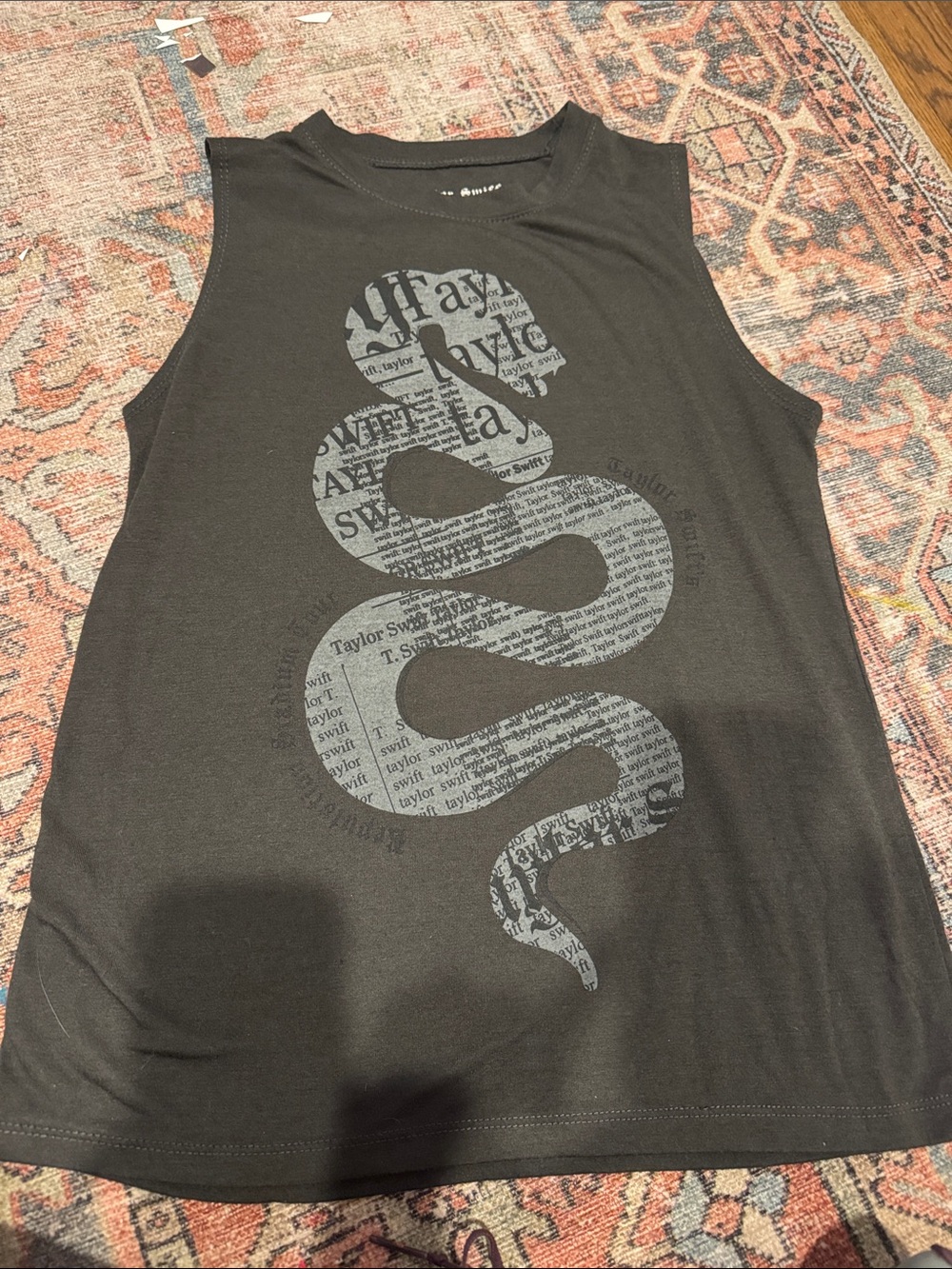 Taylor Swift Black Tank with Gray Newspaper-Print Snake Graphic